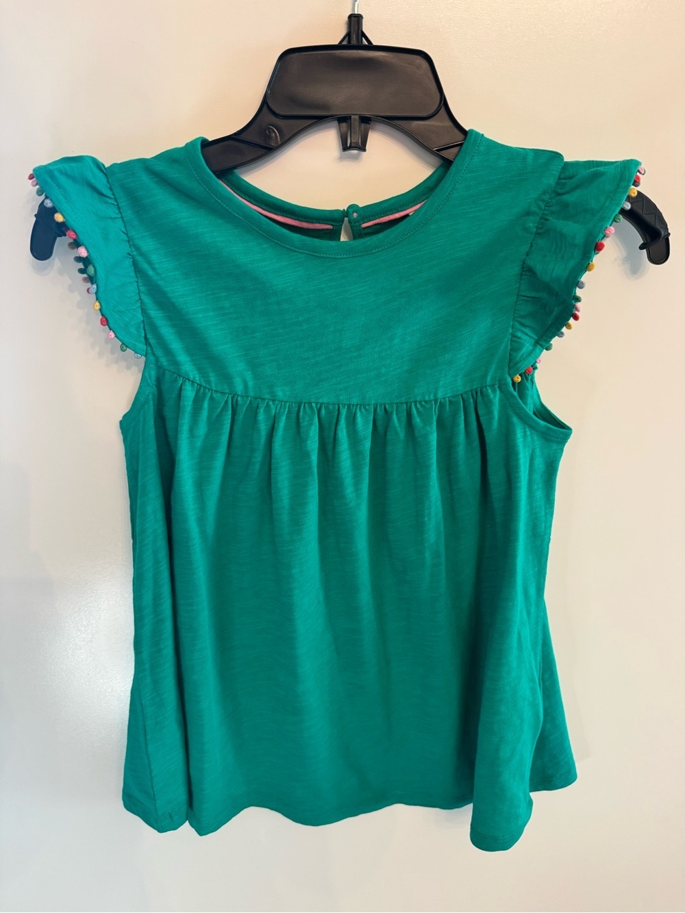 Mini Boden Girls 11-12 Green Pom Pom Flutter Sleeve Top Preppy Cotton Shirt